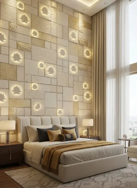 2d Lotus with backlight double height natural stone wall cladding